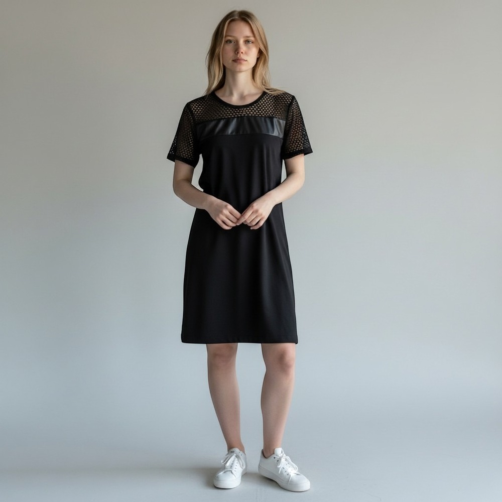 Fabletics Black Mesh Panel Short Sleeve Active Dress SD1618045-0001-17030 Small